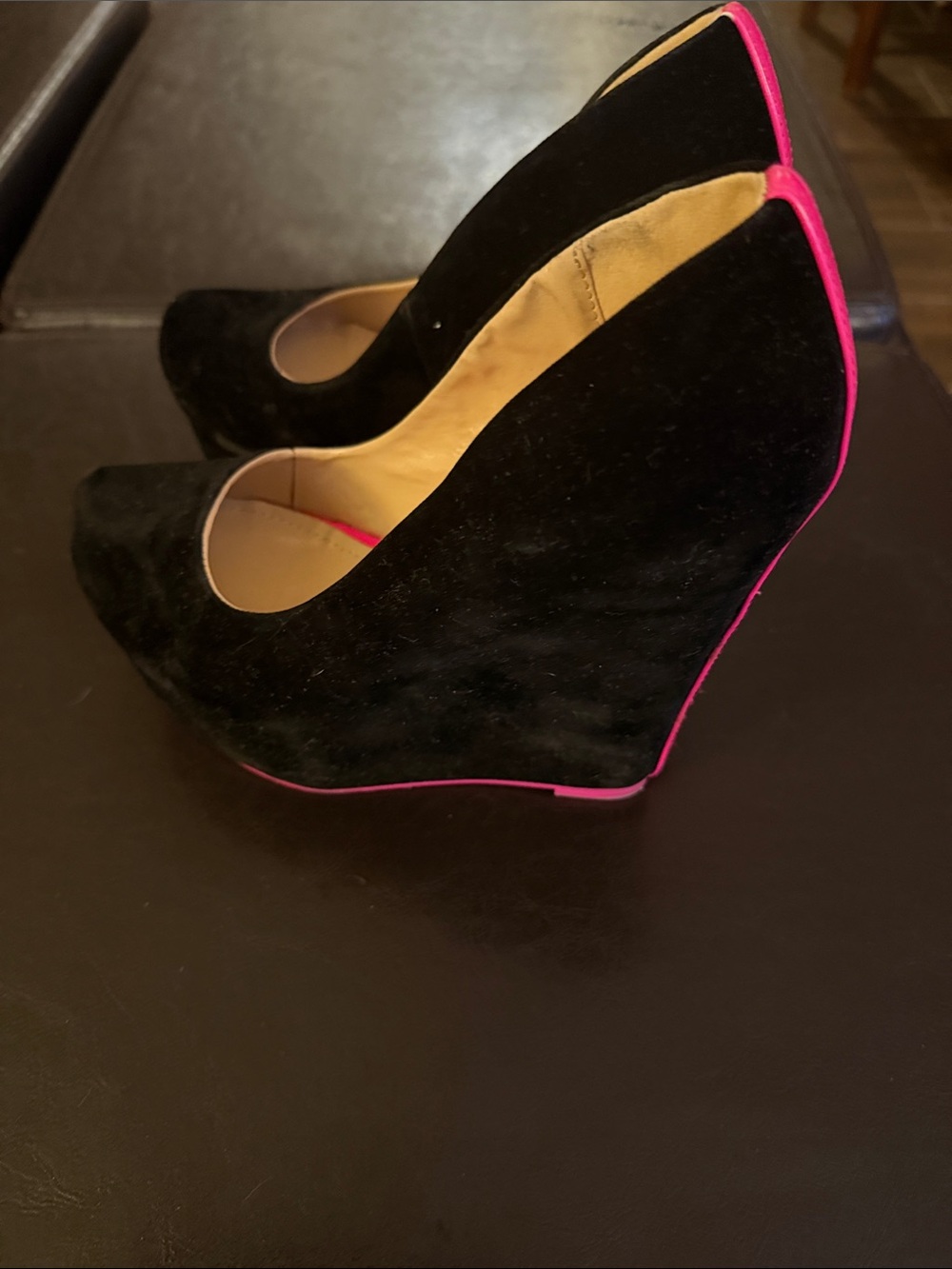 Shiekh Black Suede Wedge Pumps with Hot Pink Trim